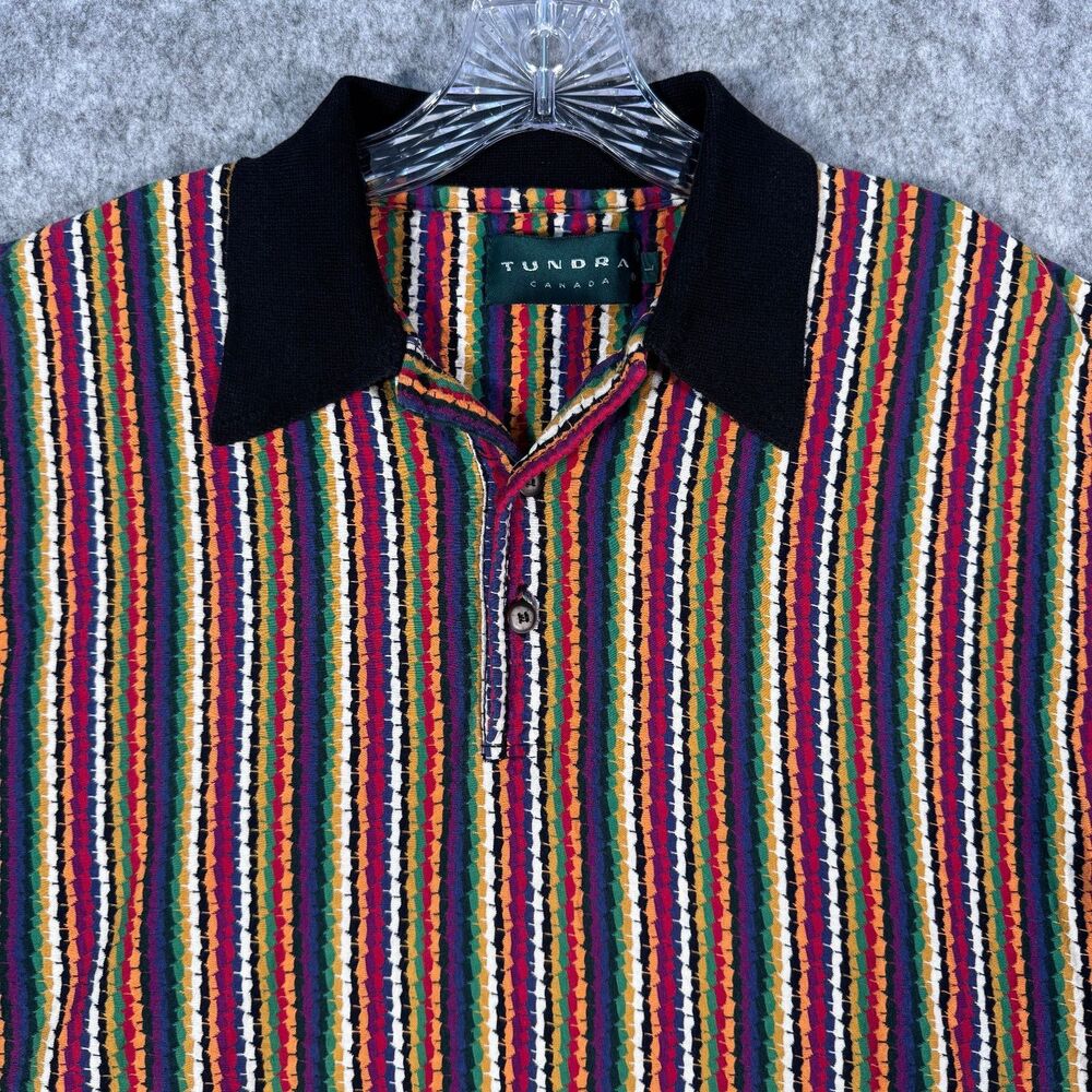 Tundra Canada Polo Shirt Mens L Red Yellow Knit Vertical Stripe Textured 3D Knit